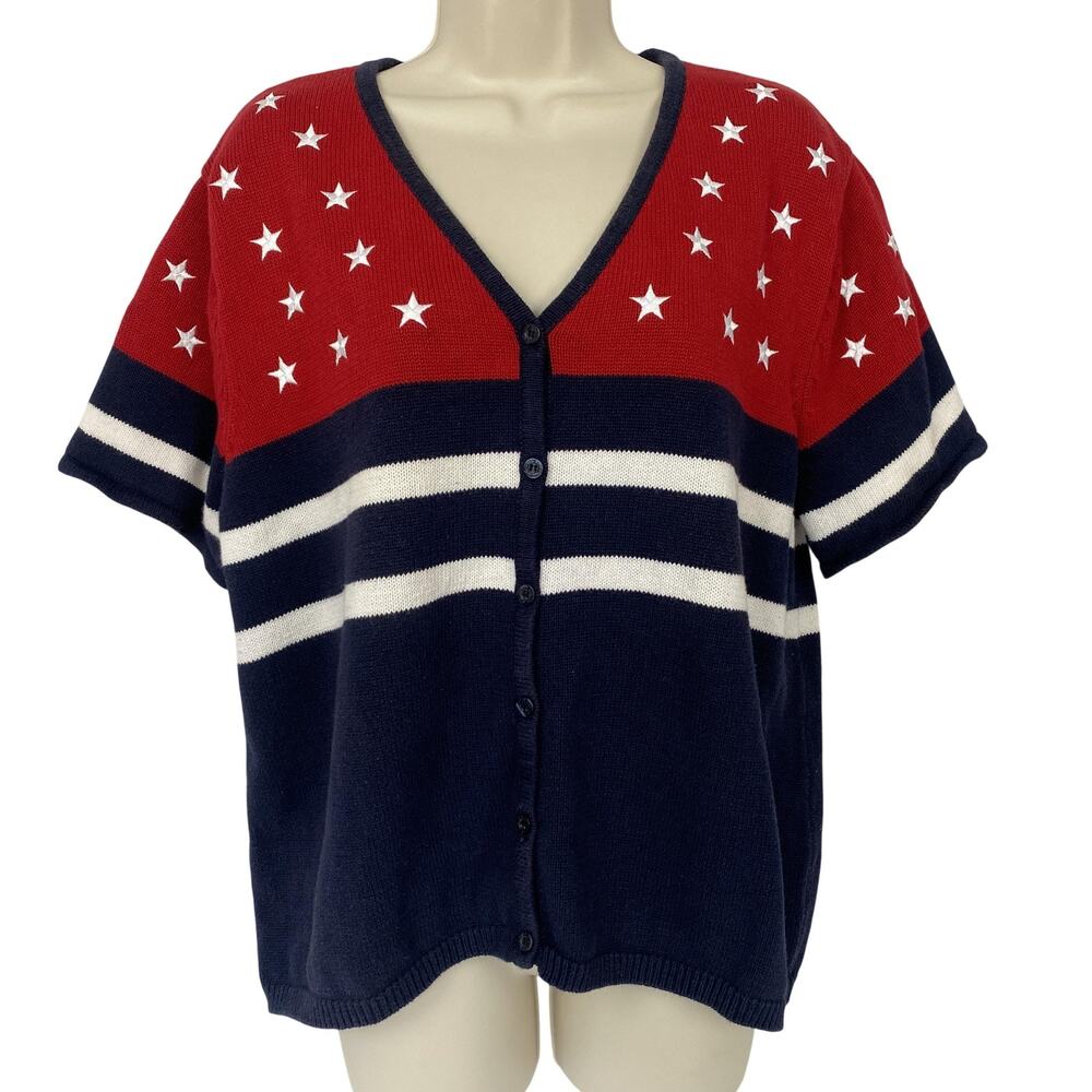 Vintage Norton Studio Cardigan Sweater Womens 1X Patriotic Stars V Neck Red Blue